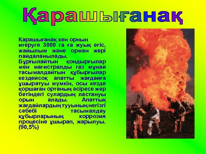 Қарашығанақ кен орнын игеруге 3000 га ға жуық егіс, жайылым және орман жері пайдаланылады.