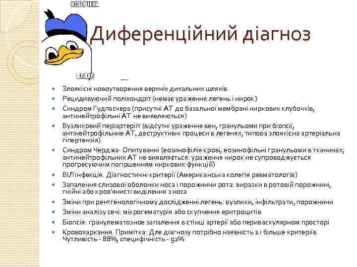 Диференційний діагноз Злоякісні новоутворення верхніх дихальних шляхів Рецидивуючий поліхондріт (немає ураження легень і нирок)