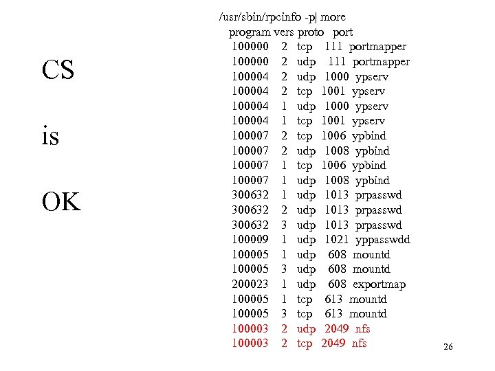 CS is OK /usr/sbin/rpcinfo -p| more program vers proto port 100000 2 tcp 111