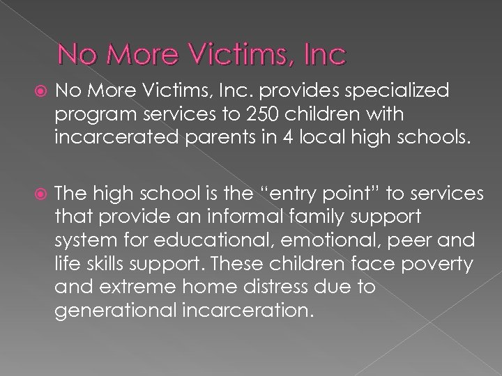 No More Victims, Inc No More Victims, Inc. provides specialized program services to 250