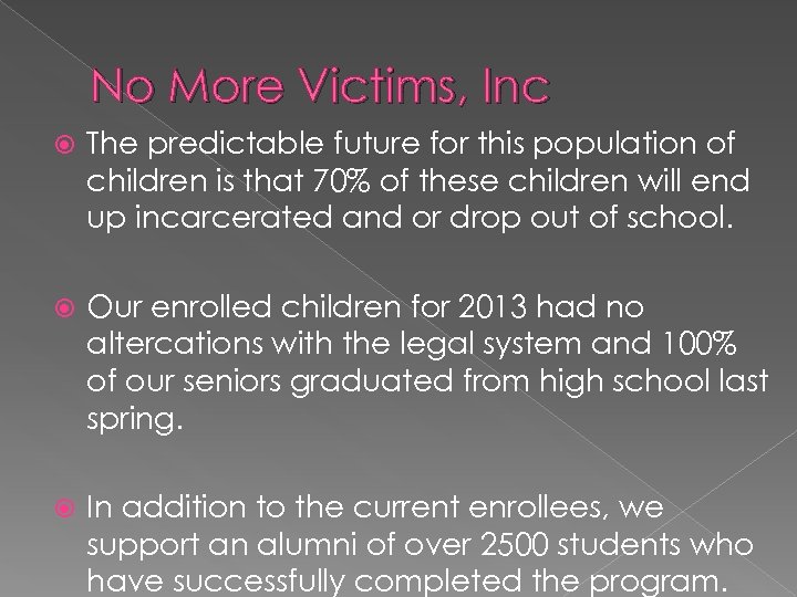 No More Victims, Inc The predictable future for this population of children is that