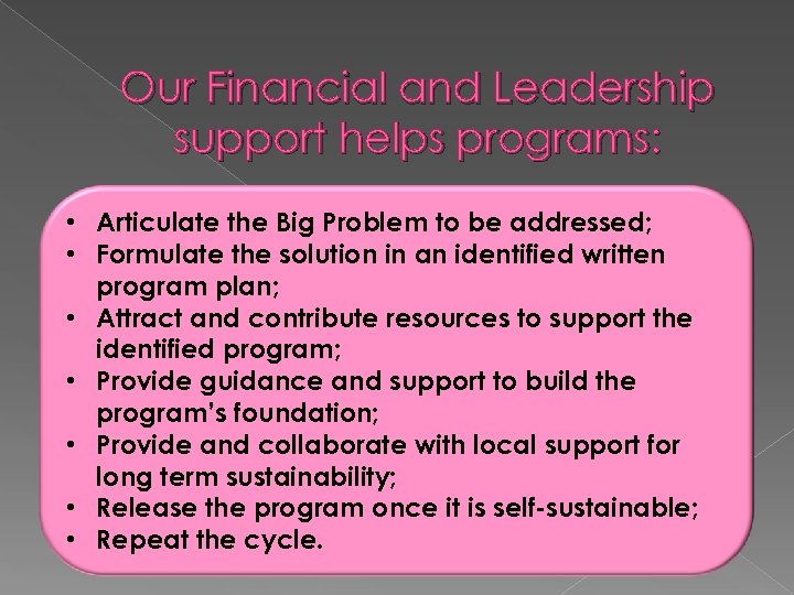 Our Financial and Leadership support helps programs: • Articulate the Big Problem to be