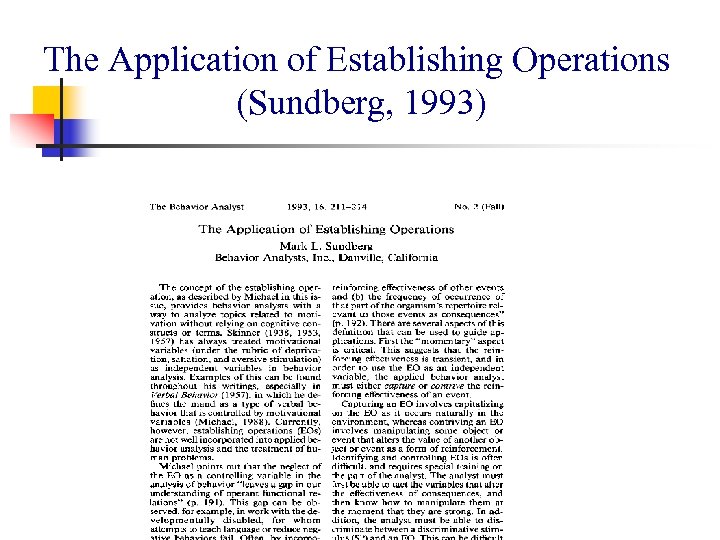 The Application of Establishing Operations (Sundberg, 1993) 