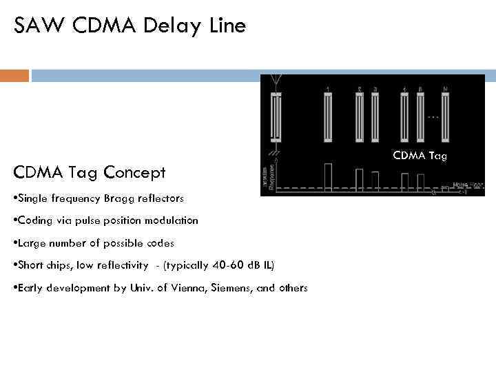SAW CDMA Delay Line CDMA Tag Concept CDMA Tag • Single frequency Bragg reflectors
