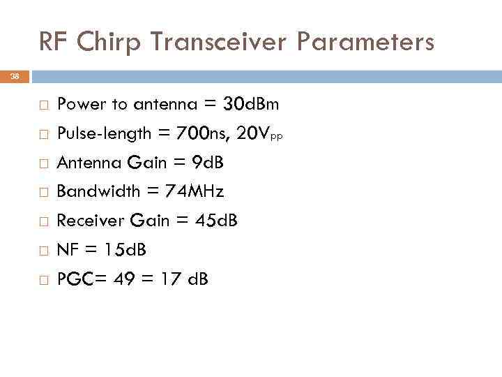 RF Chirp Transceiver Parameters 38 Power to antenna = 30 d. Bm Pulse-length =