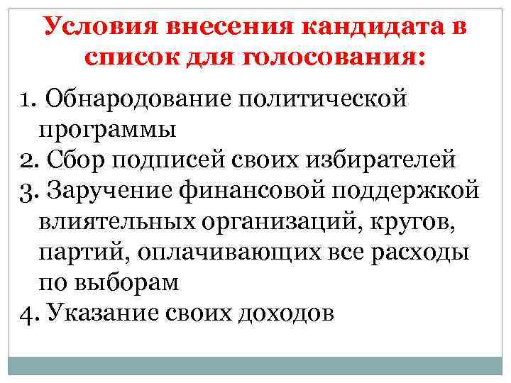 Условия внесения кандидата в список для голосования: 1. Обнародование политической программы 2. Сбор подписей