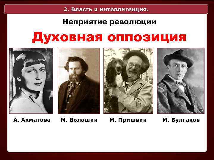 2. Власть и интеллигенция. Неприятие революции Духовная оппозиция А. Ахматова М. Волошин М. Пришвин