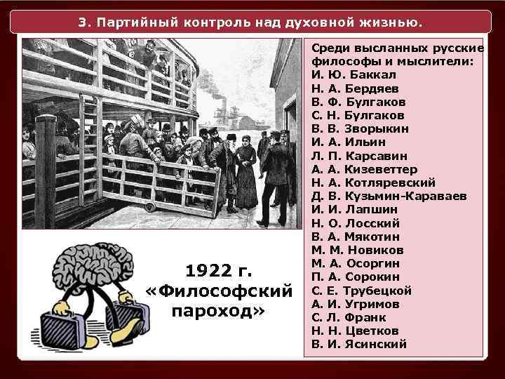 3. Партийный контроль над духовной жизнью. 1922 г. «Философский пароход» Среди высланных русские философы