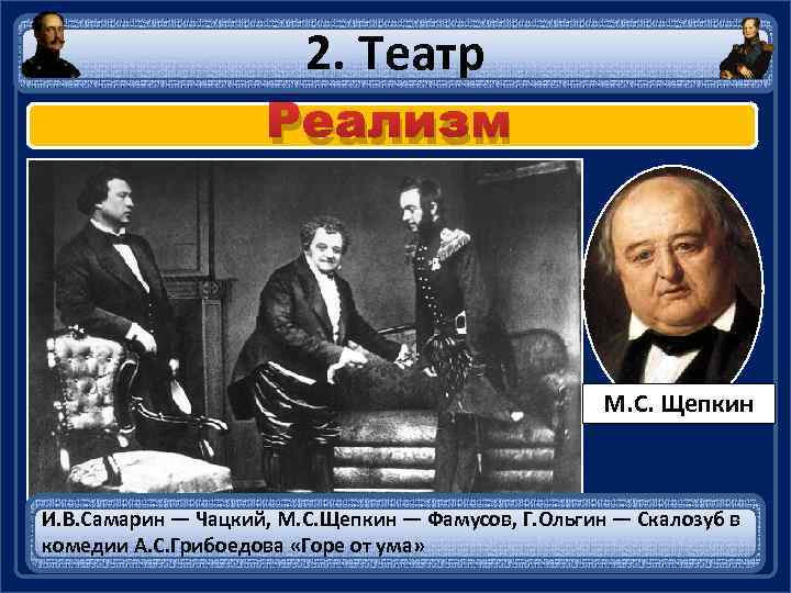 2. Театр Реализм М. С. Щепкин И. В. Самарин — Чацкий, М. С. Щепкин