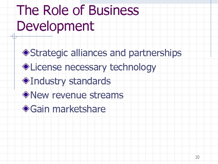 The Role of Business Development Strategic alliances and partnerships License necessary technology Industry standards