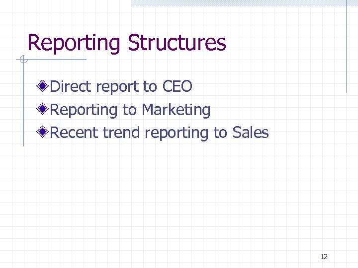 Reporting Structures Direct report to CEO Reporting to Marketing Recent trend reporting to Sales