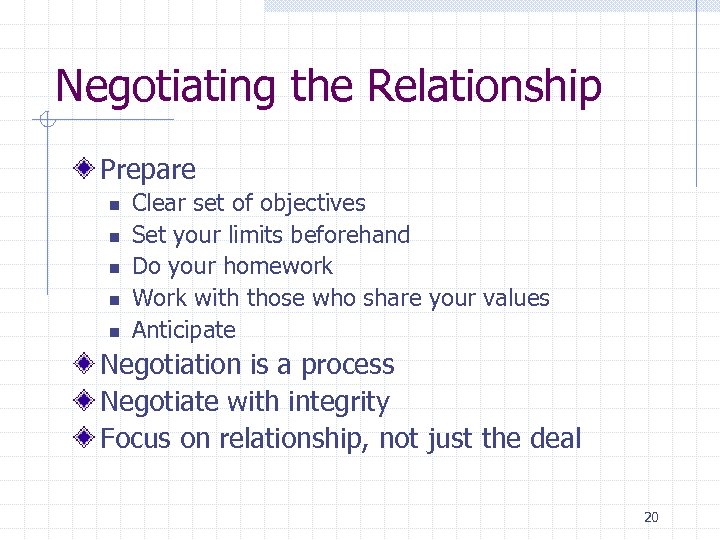 Negotiating the Relationship Prepare n n n Clear set of objectives Set your limits