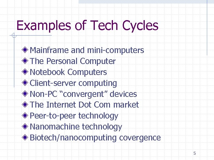 Examples of Tech Cycles Mainframe and mini-computers The Personal Computer Notebook Computers Client-server computing