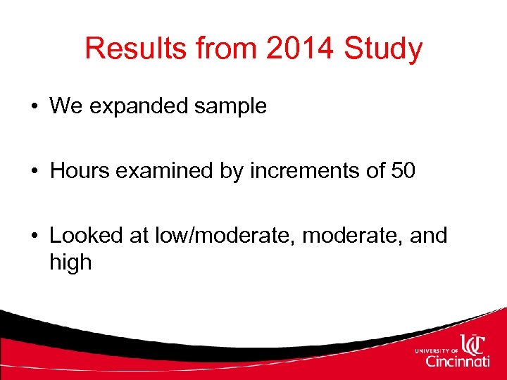 Results from 2014 Study • We expanded sample • Hours examined by increments of