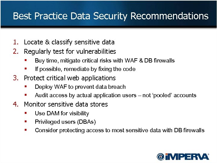 Best Practice Data Security Recommendations 1. Locate & classify sensitive data 2. Regularly test