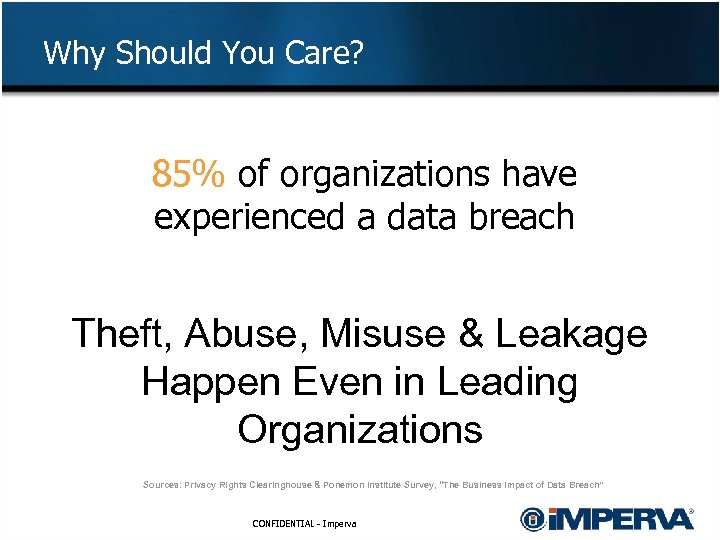 Why Should You Care? 85% of organizations have experienced a data breach Theft, Abuse,