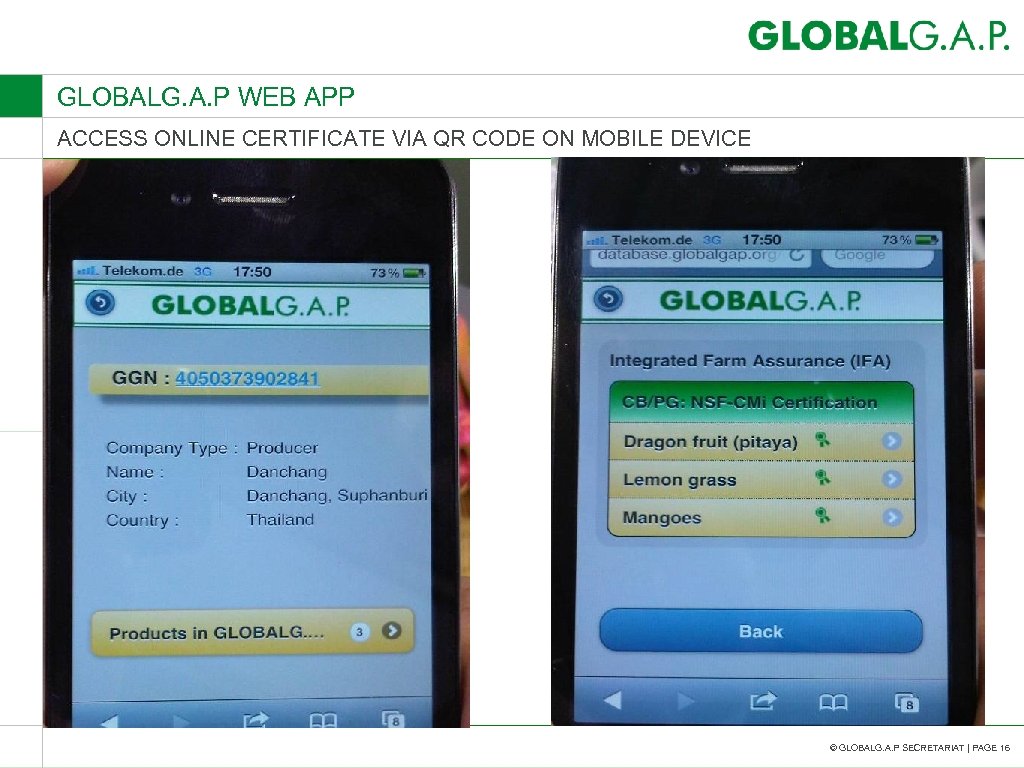 GLOBALG. A. P WEB APP ACCESS ONLINE CERTIFICATE VIA QR CODE ON MOBILE DEVICE