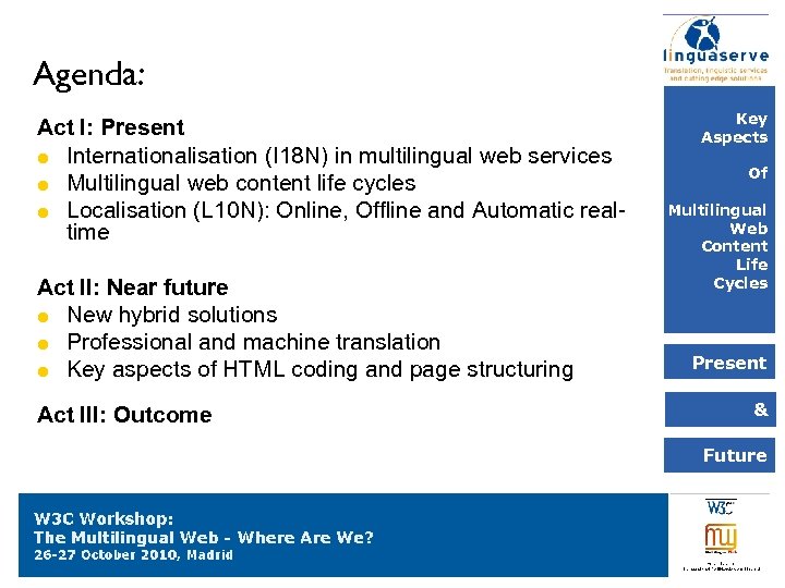 Agenda: Act I: Present Internationalisation (I 18 N) in multilingual web services Multilingual web