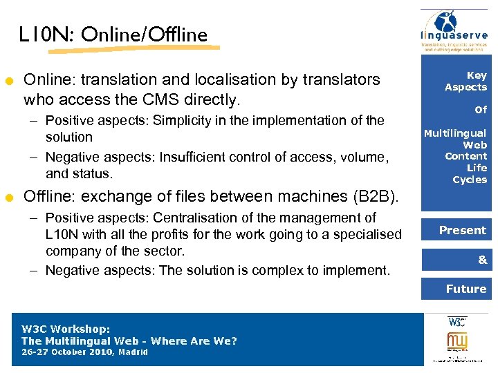 L 10 N: Online/Offline Online: translation and localisation by translators who access the CMS