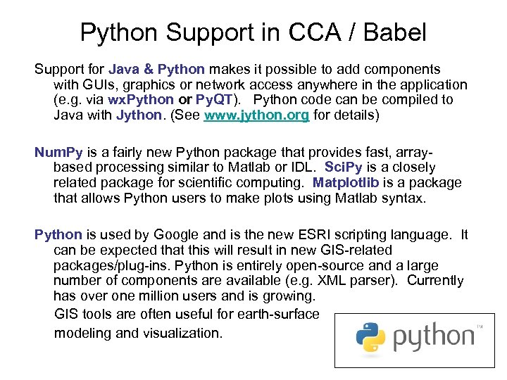 Python Support in CCA / Babel Support for Java & Python makes it possible