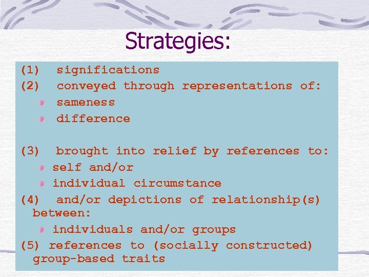 Strategies: (1) significations (2) conveyed through representations of: sameness difference (3) brought into relief