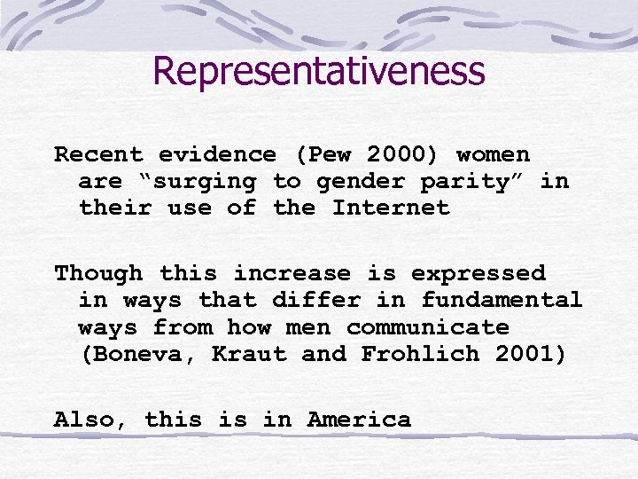 Representativeness Recent evidence (Pew 2000) women are “surging to gender parity” in their use