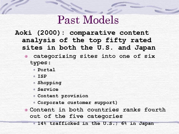 Past Models Aoki (2000): comparative content analysis of the top fifty rated sites in