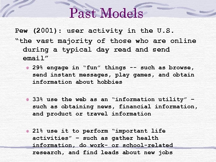 Past Models Pew (2001): user activity in the U. S. “the vast majority of