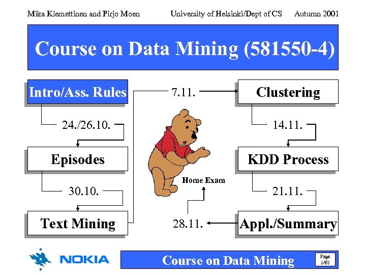 Mika Klemettinen and Pirjo Moen University of Helsinki/Dept of CS Autumn 2001 Course on