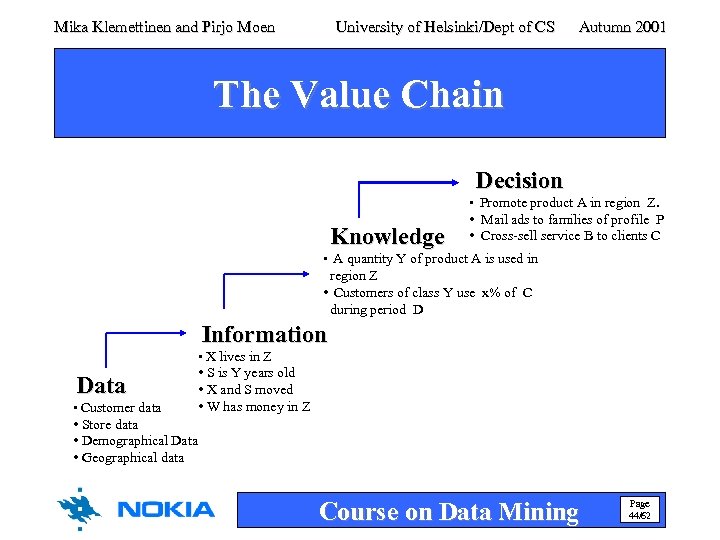 Mika Klemettinen and Pirjo Moen University of Helsinki/Dept of CS Autumn 2001 The Value