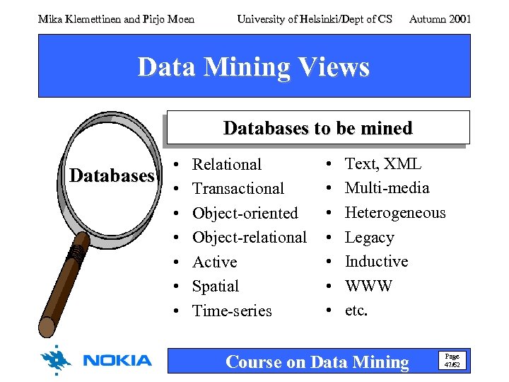 Mika Klemettinen and Pirjo Moen University of Helsinki/Dept of CS Autumn 2001 Data Mining