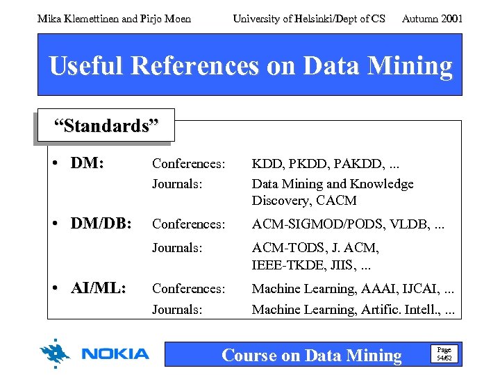Mika Klemettinen and Pirjo Moen University of Helsinki/Dept of CS Autumn 2001 Useful References