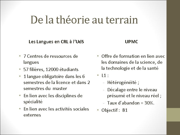 De la théorie au terrain Les Langues en CRL à l’Ud. S UPMC •