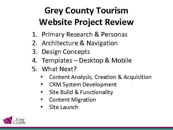 Grey County Tourism Website Project Review 1. 2. 3. 4. 5. Primary Research &