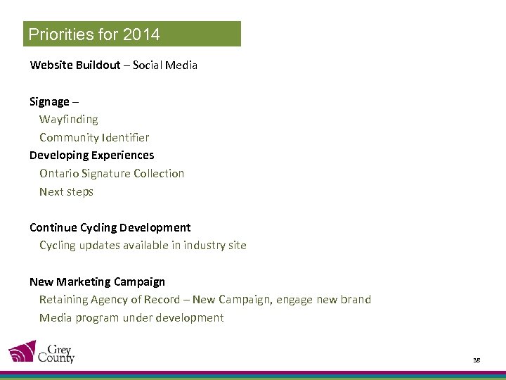 Priorities for 2014 Website Buildout – Social Media Signage – Wayfinding Community Identifier Developing
