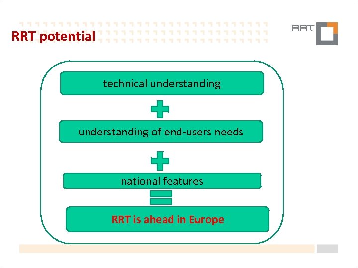 RRT potential technical understanding of end-users needs national features RRT is ahead in Europe