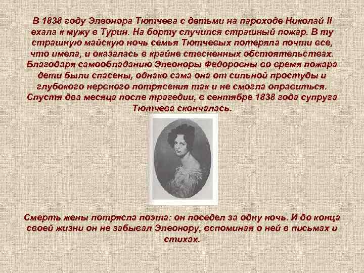 В 1838 году Элеонора Тютчева с детьми на пароходе Николай II ехала к мужу