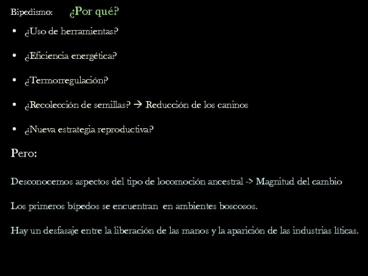 Bipedismo: ¿Por qué? • ¿Uso de herramientas? • ¿Eficiencia energética? • ¿Termorregulación? • ¿Recolección