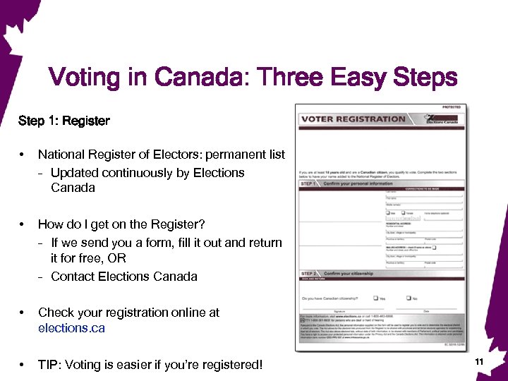 Voting in Canada: Three Easy Steps Step 1: Register • National Register of Electors: