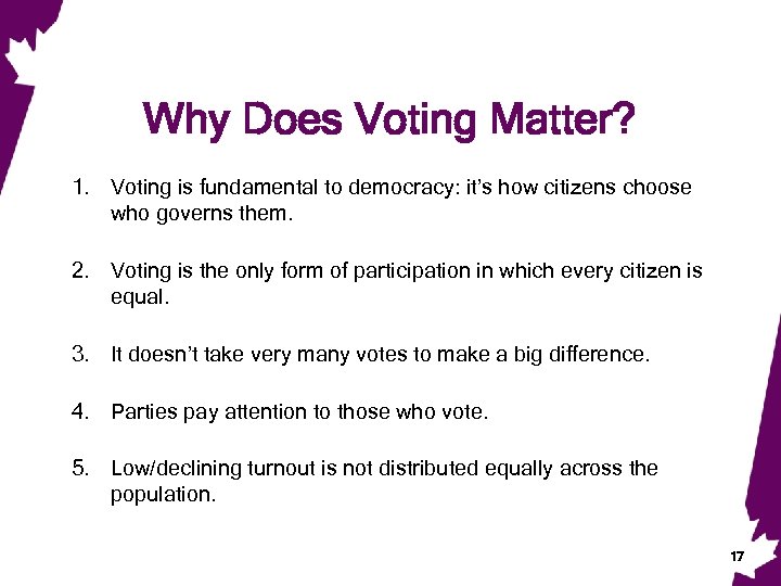 Why Does Voting Matter? 1. Voting is fundamental to democracy: it’s how citizens choose