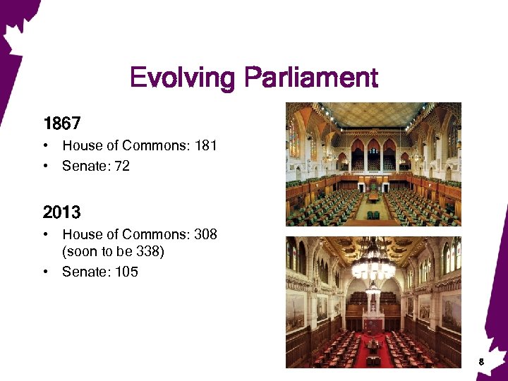 Evolving Parliament 1867 • House of Commons: 181 • Senate: 72 2013 • House