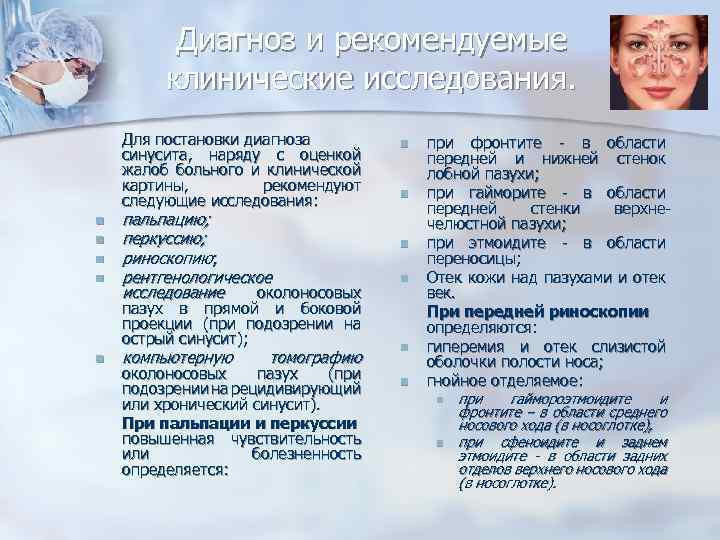 Диагноз и рекомендуемые клинические исследования. Для постановки диагноза синусита, наряду с оценкой жалоб больного
