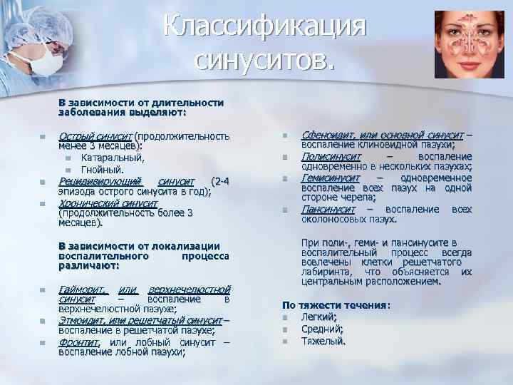 Классификация синуситов. В зависимости от длительности заболевания выделяют: n Острый синусит (продолжительность менее 3