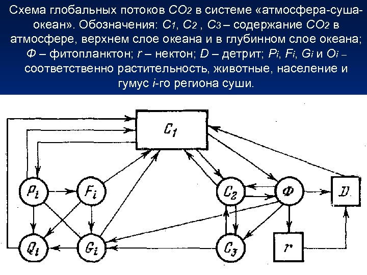 Схема глобальных потоков СО 2 в системе «атмосфера-сушаокеан» . Обозначения: С 1, С 2