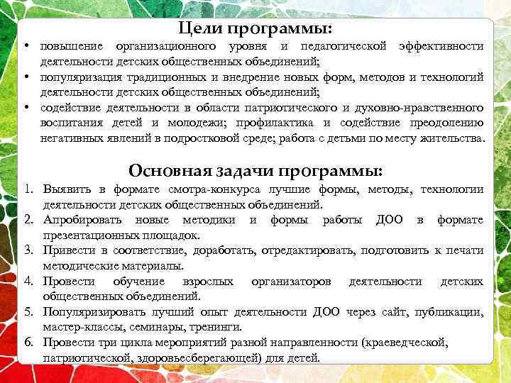 Цели программы: • повышение организационного уровня и педагогической эффективности деятельности детских общественных объединений; •