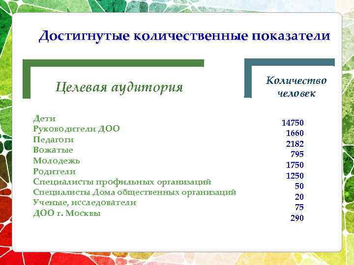 Достигнутые количественные показатели Целевая аудитория Дети Руководители ДОО Педагоги Вожатые Молодежь Родители Специалисты профильных