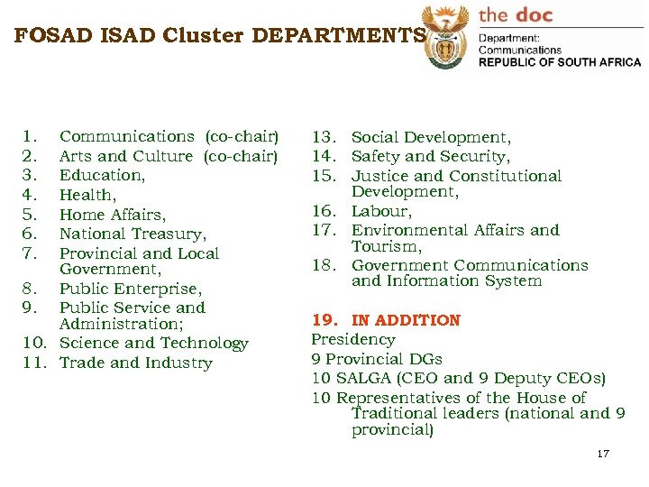 FOSAD ISAD Cluster DEPARTMENTS 1. 2. 3. 4. 5. 6. 7. Communications (co-chair) Arts