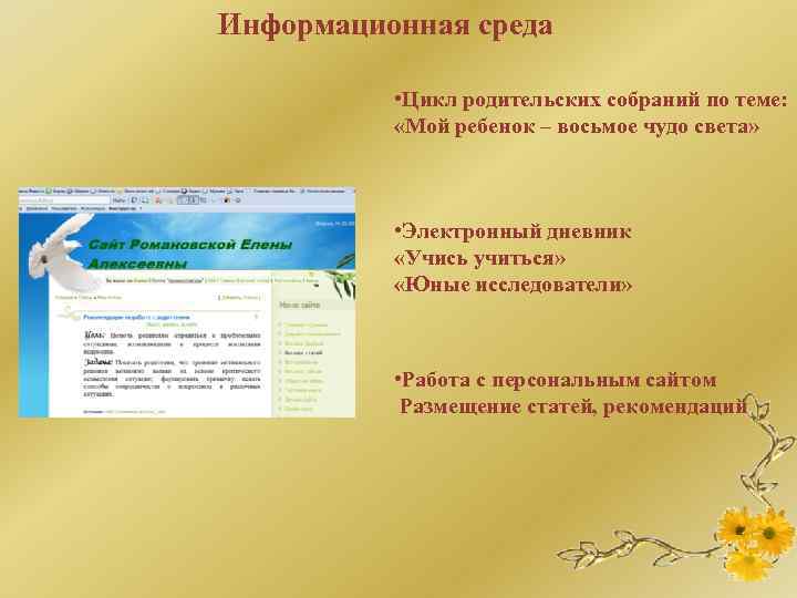 Информационная среда • Цикл родительских собраний по теме: «Мой ребенок – восьмое чудо света»