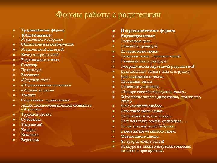 Формы работы с родителями n n n n n n Традиционные формы Коллективные: Родительское