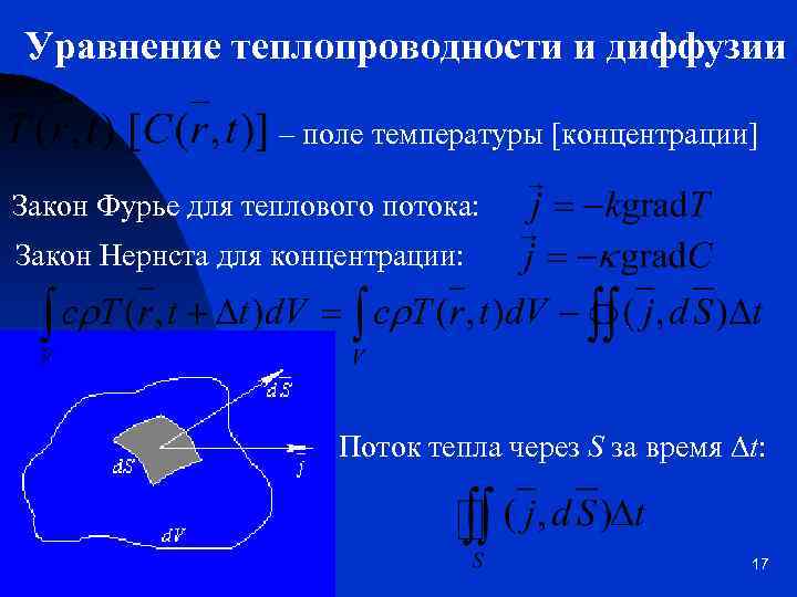 Уравнение теплопроводности и диффузии – поле температуры [концентрации] Закон Фурье для теплового потока: Закон